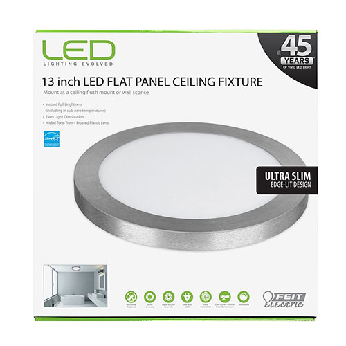 LED 13 Inch Round Edge Lit Flush Ceiling Fixture - 15 Watt - 1050 Lumens - Nickel Trim - Feit Electric